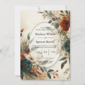 Invitation Burnt Orange and Blue Fall Flowers Wedding  (Devant)