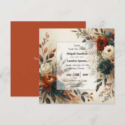 Invitation Burnt Orange and Blue Fall Flowers Wedding (Devant / Derrière)