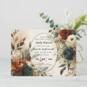 Invitation Burnt Orange and Blue Fall Flowers Wedding  (Debout devant)