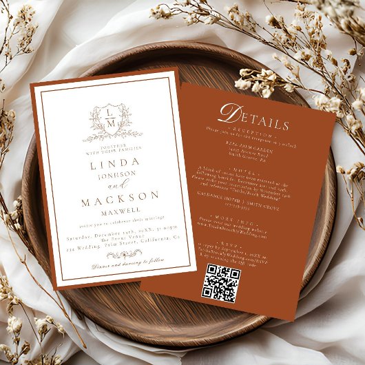 Invitation Burnt Orange botanical crest All in one wedding 