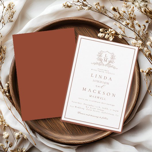 Invitation Burnt Orange botanical crest monogram wedding