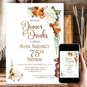 Invitation Burnt Orange Floral 75e anniversaire Diner Party