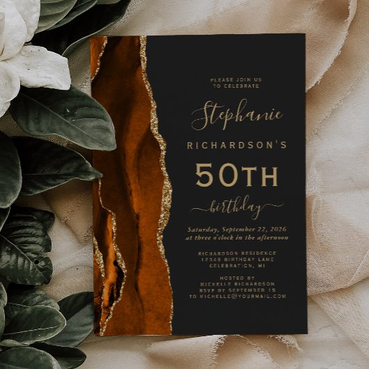 Invitation Burnt Orange Gold Agate Dark 50th Birthday Party
