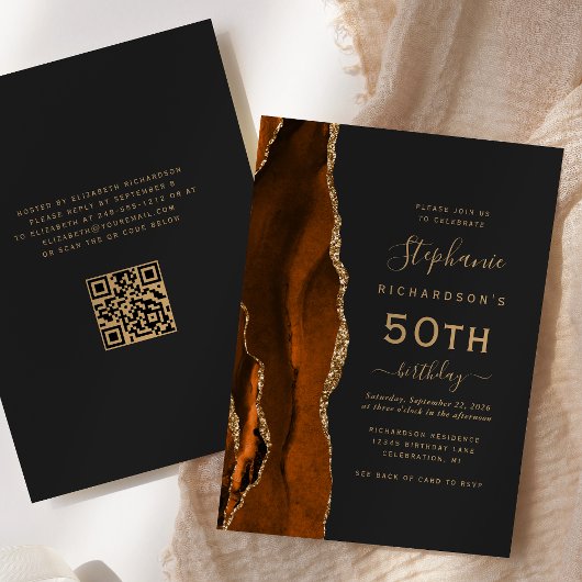 Invitation Burnt Orange Gold Agate QR Code 50e anniversaire