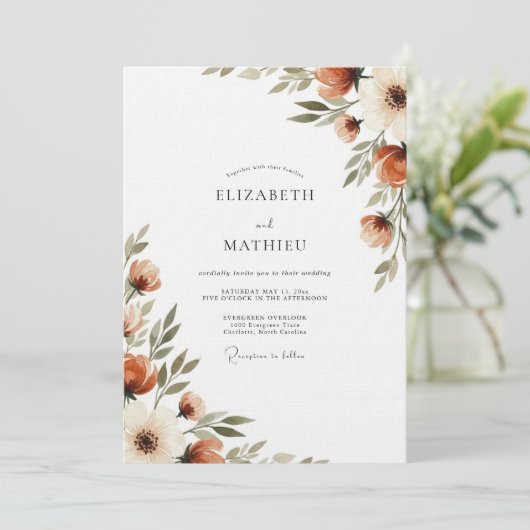 Invitation Burnt Orange Painterly Flora Wedding (Debout devant)