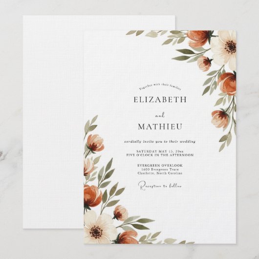 Invitation Burnt Orange Painterly Flora Wedding (Devant / Derrière)