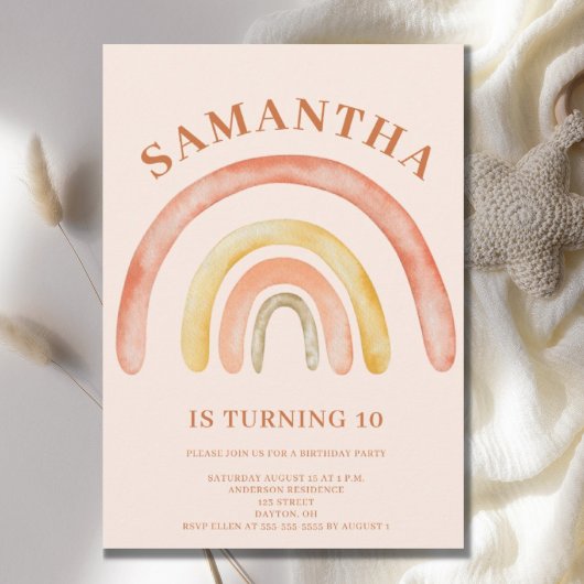 Invitation Burnt Orange Retro Boho Rainbow 10e anniversaire