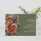 Invitation Burnt Orange rouille Bleu Floral Vert 100e anniver (Debout devant)