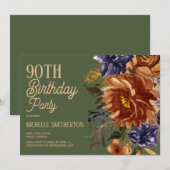 Invitation Burnt Orange rouille Bleu Floral Vert 90e annivers (Devant / Derrière)