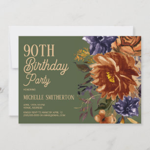 Invitation Burnt Orange rouille Bleu Floral Vert 90e annivers
