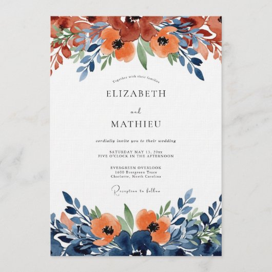 Invitation Burnt Orange Watercolor Bloom Wedding (Devant)