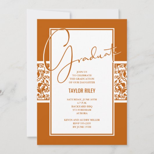 Invitation Burnt Orange White Damask Graduation (Devant)