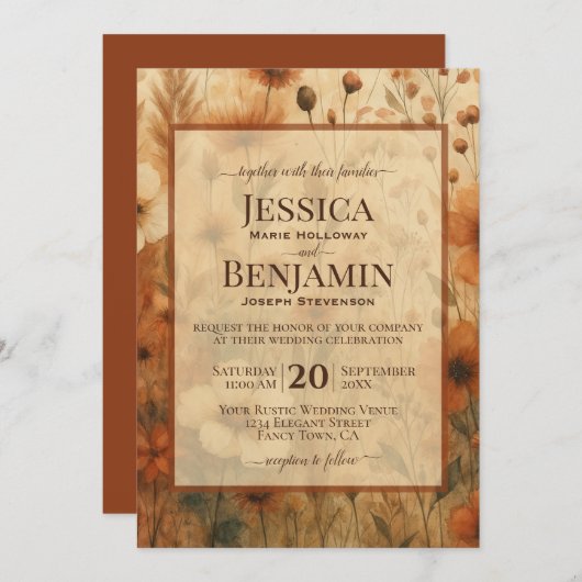 Invitation Burnt Sienna Boho Chic Wildflowers Stylish Wedding (Devant / Derrière)
