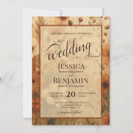 Invitation Burnt Sienna Boho Floral Stylish Script Wedding (Devant)