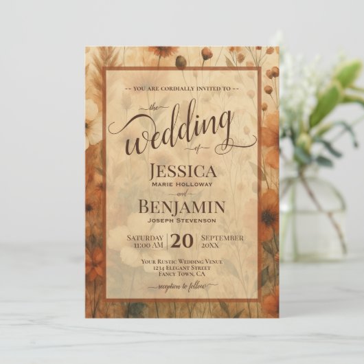 Invitation Burnt Sienna Boho Floral Stylish Script Wedding (Debout devant)