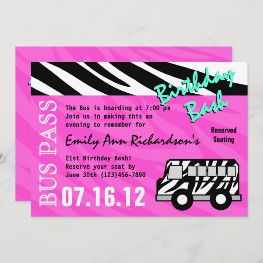 Invitation Bus de fête Anniversaire Bash (Devant / Derrière)