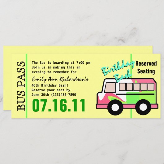 Invitation Bus Pass Anniversaire (Devant / Derrière)