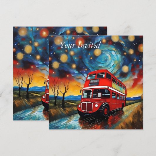 Invitation Bus Red Double Decker La Nuit Étoile, (Devant / Derrière)