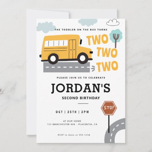 Invitation Bus scolaire Deuxième anniversaire Roues à la fête (Devant)