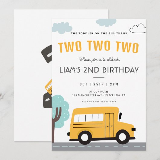 Invitation Bus scolaire Deuxième anniversaire Roues à la fête (Devant / Derrière)