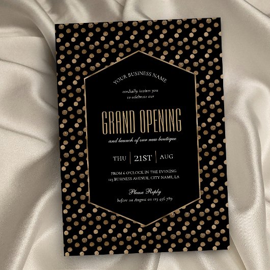 Invitation Business Grand Ouverture Chic Black & Gold Glitter