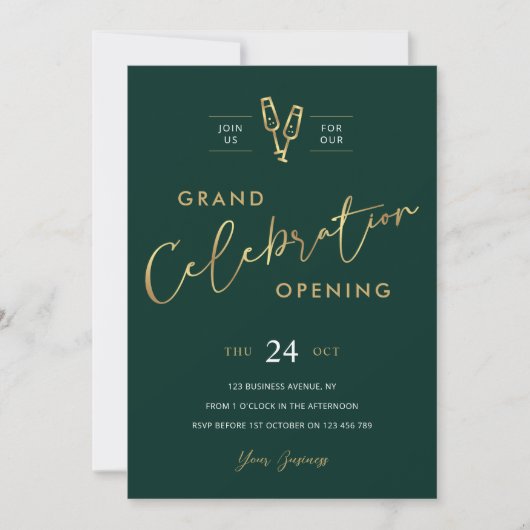 Invitation Business Grand Ouverture Chic Emerald Vert & Or (Devant)