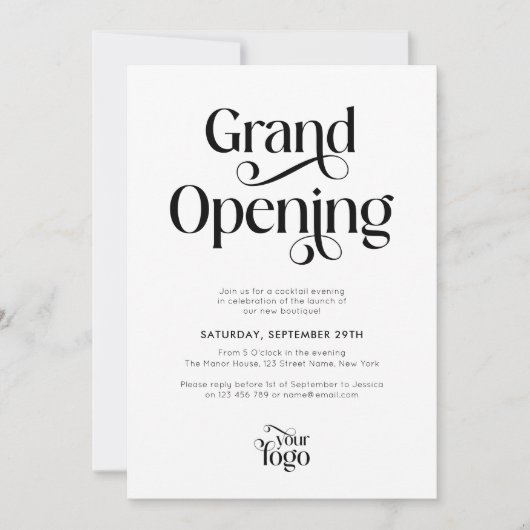 Invitation Business Grand Ouverture Moderne Script Logo Éléga (Devant)