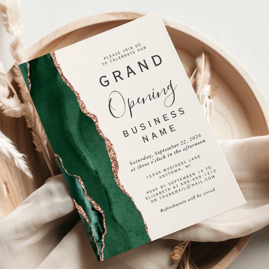 Invitation Business Grand Ouverture Vert Rose Gold Agate
