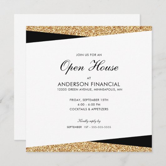 Invitation Business Open House Parties scintillant noir et or (Devant / Derrière)