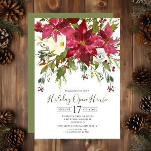 Invitation Business Watercolor Poinsettias Holiday Open House