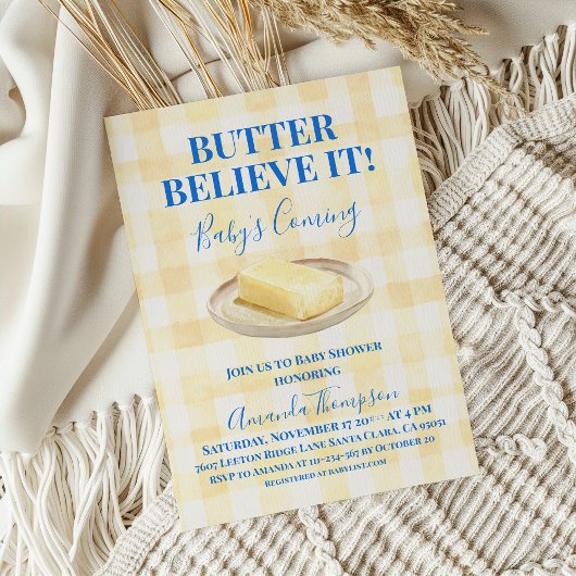 Invitation Butter Believe It Yellow Gingham Boy Baby Shower