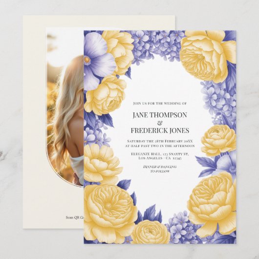 Invitation Butter Yellow and Periwinkle Floral Wedding Photo (Devant / Derrière)