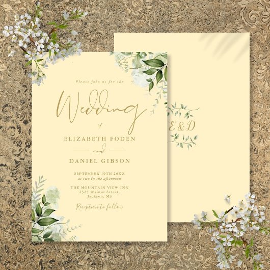 Invitation Buttercup Yellow Greenery Monogram Wedding