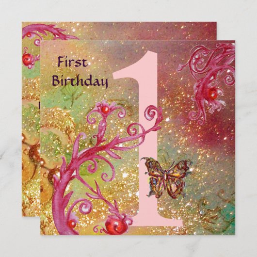 Invitation BUTTERFER EN OR SPARKLES 2 Première fête d'anniver (Devant / Derrière)