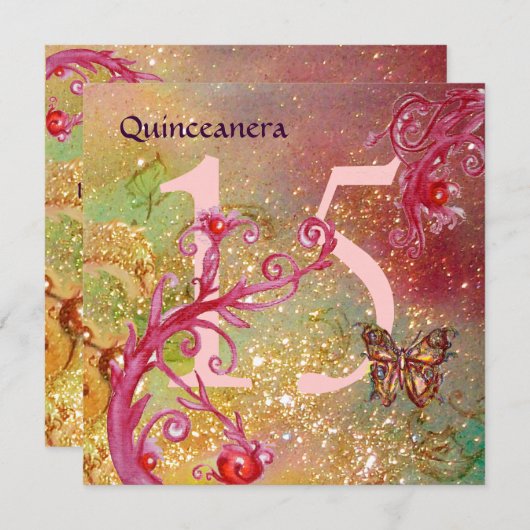 Invitation BUTTERFER EN OR SPARKLES Quinceanera Anniversaire (Devant / Derrière)