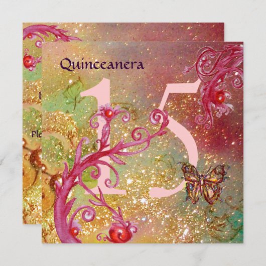 Invitation BUTTERFER EN OR SPARKLES Quinceanera Anniversaire (Devant / Derrière)