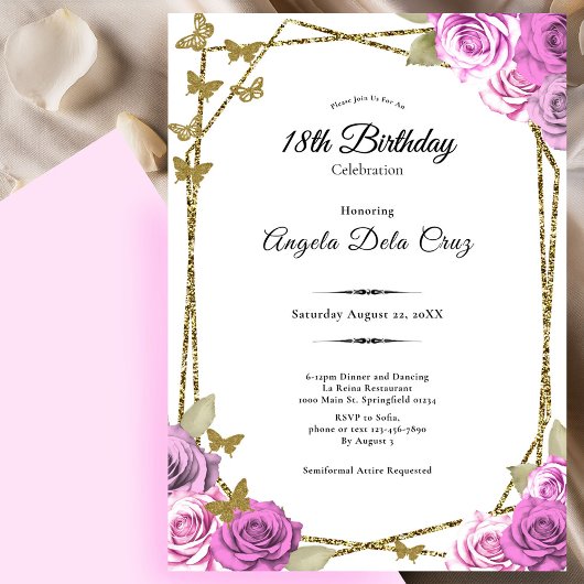 Invitation Butterflies and Pink Roses 18th Debut Birthday