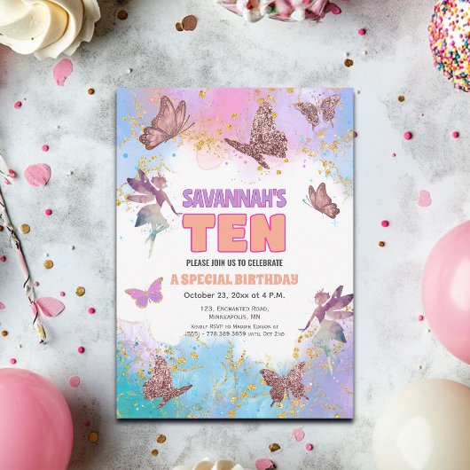 Invitation Butterflies Fairy Gold Glitter 10th Birthday Party