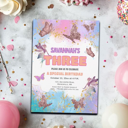 Invitation Butterflies Fairy Gold Glitter 3rd Birthday Party