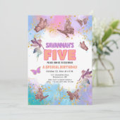 Invitation Butterflies Fairy Gold Glitter 5th Birthday Party (Debout devant)