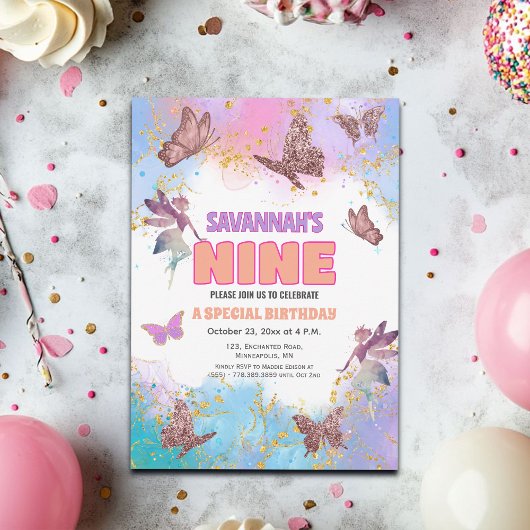 Invitation Butterflies Fairy Gold Glitter 9th Birthday Party