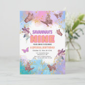 Invitation Butterflies Fairy Gold Glitter 9th Birthday Party (Debout devant)