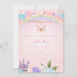 Invitation Butterflies Rainbow Flowers pink gold Kaart
