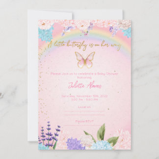 Invitation Butterflies Rainbow Flowers pink gold Kaart