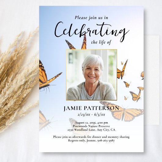 Invitation Butterfly, Celebration of Life Photo, Funeral