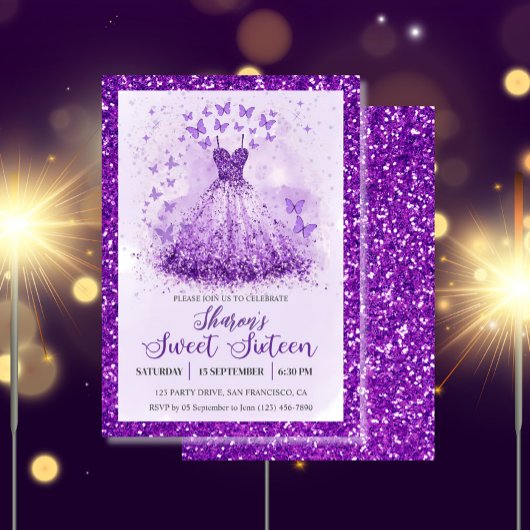 Invitation Butterfly Dance Glitter Purple Dress Sweet 16