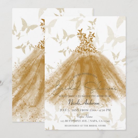 Invitation Butterfly Dance Gold Sparkle robe Fête des mariées (Devant / Derrière)