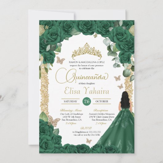 Invitation Butterfly Emerald Green Gold Princess Quinceanera (Devant)