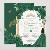 Invitation Butterfly Emerald Green Gold Princess Quinceanera (Devant / Derrière)