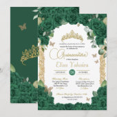 Invitation Butterfly Emerald Green Rose et Gold Quinceanera (Devant / Derrière)